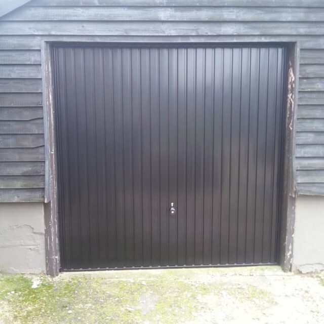 Black garage door.