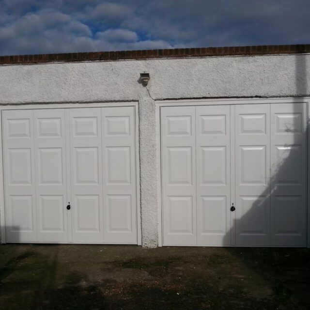 Double white garage door.